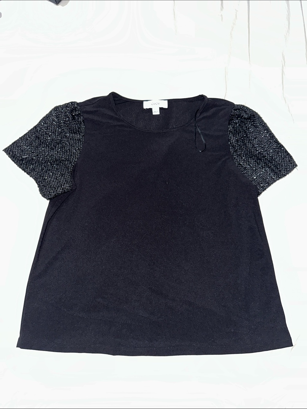 CeCe Black Knit Top with Sparkle Sleeves